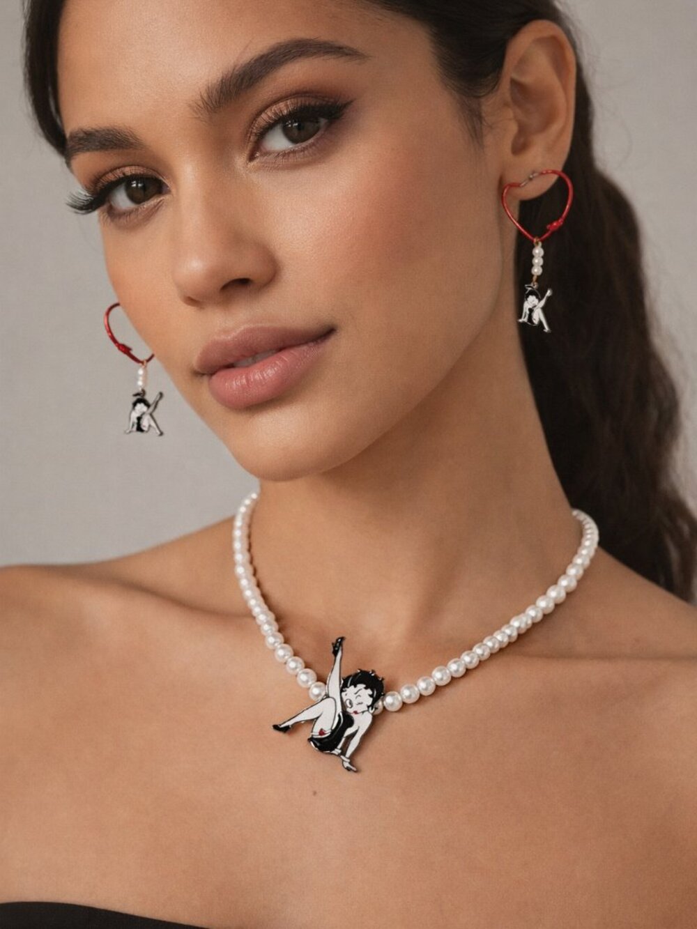 Betty Boop Faux Pearl Necklace & Heart Earring Set  Cute Cartoon Charm Jewelry